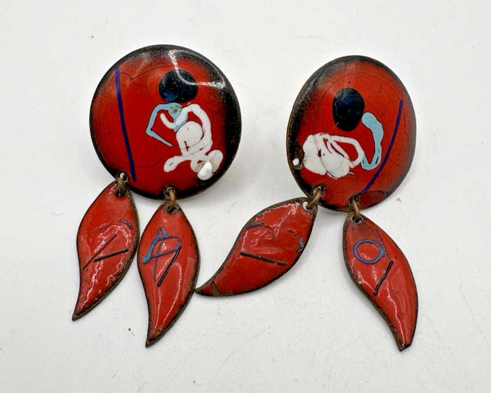 Vintage MCM Mid Century Red Enamel on Copper, Screw On Round Earrings w Dangles